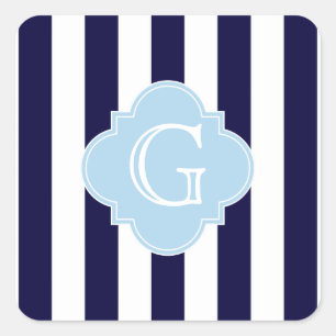 Navy Blue White Stripe Lt Blue Quatrefoil Monogram Square Sticker