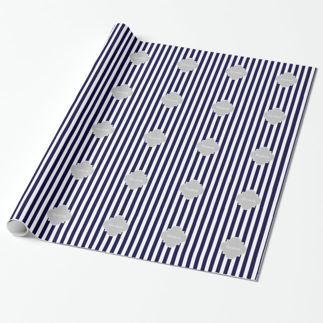 Navy Blue White Stripe Lt Grey Quatrefoil Monogram Wrapping Paper (Unrolled)