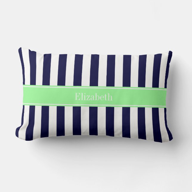 Navy Blue White Stripe Mint Green Name Monogram Lumbar Cushion (Front)