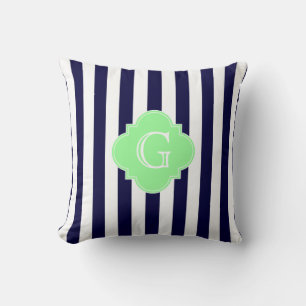 Navy Blue White Stripe Mint Quatrefoil Monogram Cushion
