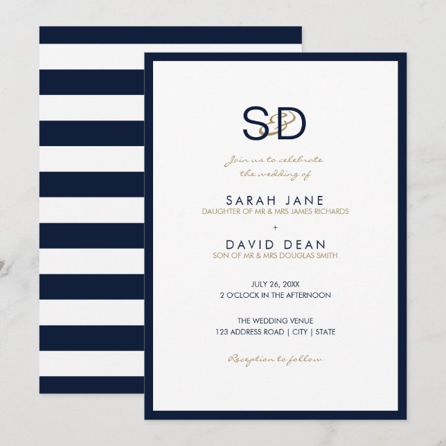 Navy Blue & White Stripe Monogram Wedding Invitation (Front/Back)