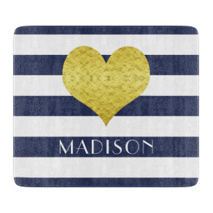 Navy Blue White Stripe Pattern Name Gold Heart Cutting Board