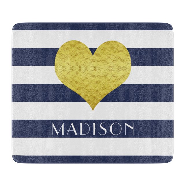 Navy Blue White Stripe Pattern Name Gold Heart Cutting Board (Front)