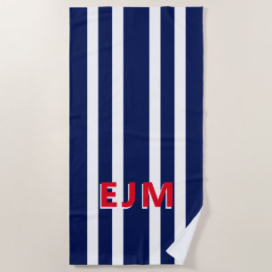 Navy Blue White Stripe Personalised Monogram Beach Towel
