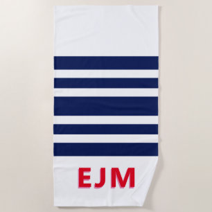 Navy Blue White Stripe Personalised Red Monogram Beach Towel