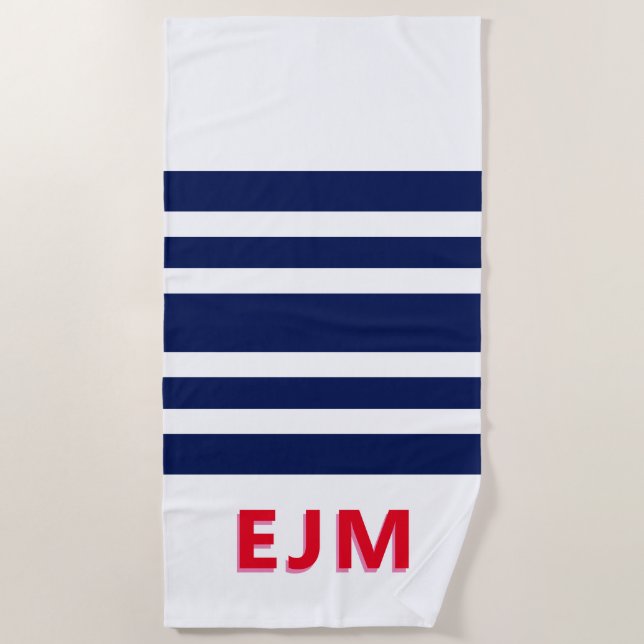 Navy Blue White Stripe Personalised Red Monogram Beach Towel (Front)
