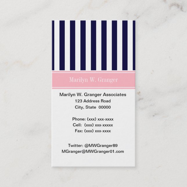 Navy Blue White Stripe Pink Name Monogram Business Card (Front)