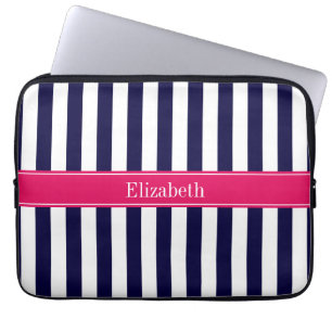 Navy Blue White Stripe Raspberry Name Monogram Laptop Sleeve
