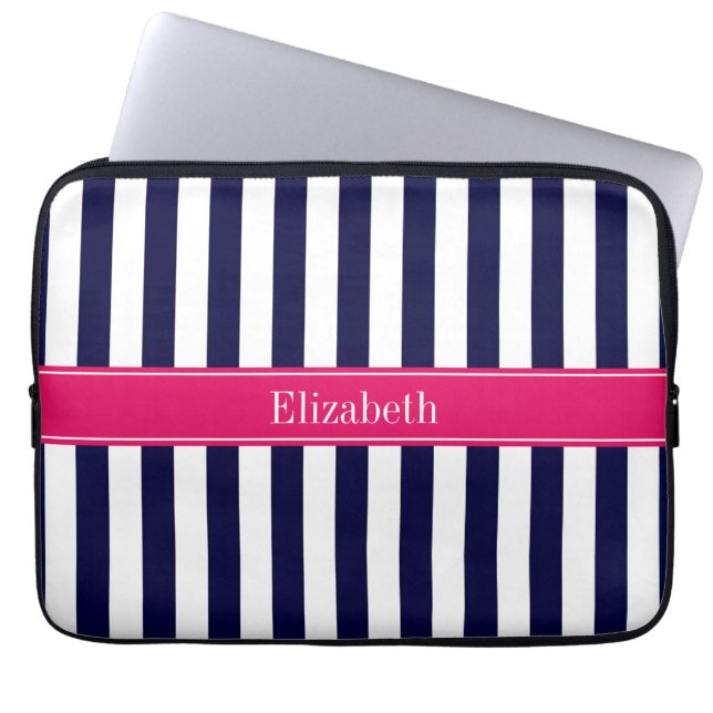 Navy Blue White Stripe Raspberry Name Monogram Laptop Sleeve (Front)