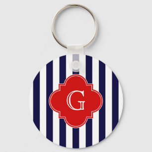 Navy Blue White Stripe Red Quatrefoil Monogram Key Ring