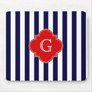 Navy Blue White Stripe Red Quatrefoil Monogram Mouse Mat