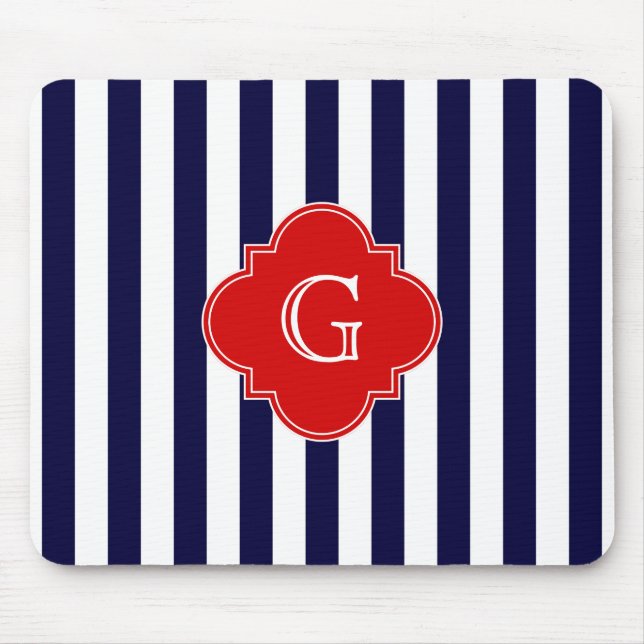 Navy Blue White Stripe Red Quatrefoil Monogram Mouse Mat (Front)