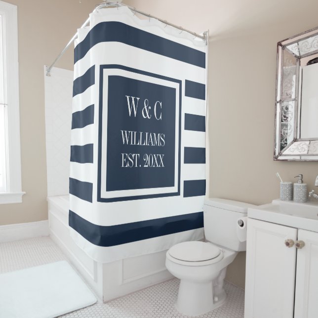 Navy Blue White Stripe Stylish Trendy Monogram Shower Curtain (In Situ)