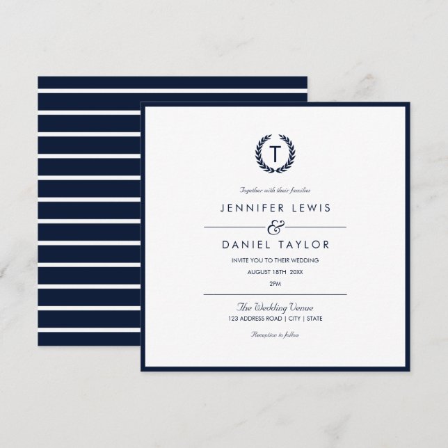 Navy Blue & White Stripe Wedding Invitation (Front/Back)