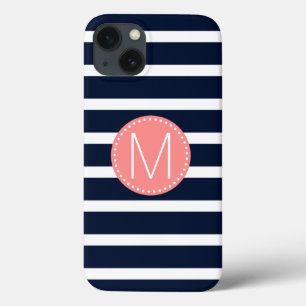 Navy Blue & White Stripe with Coral Monogram iPhone 13 Case