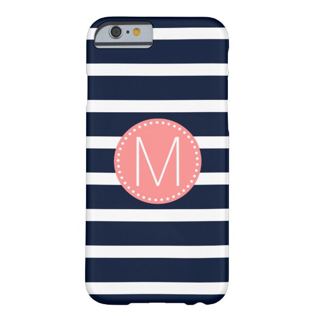 Navy Blue & White Stripe with Coral Monogram Case-Mate iPhone Case (Back)