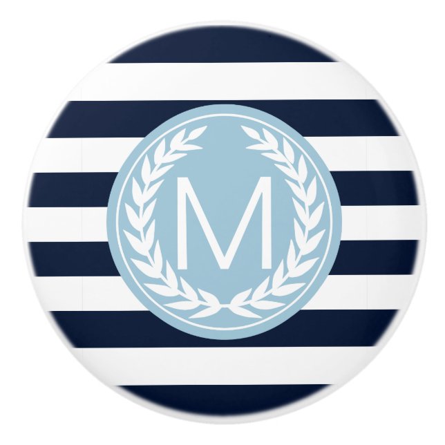 Navy Blue & White Stripe with Light Blue Monogram Ceramic Knob (Front)