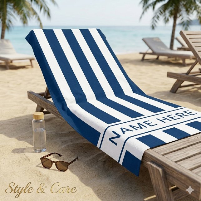 Navy Blue White Striped Beach Towel with Name (Navy Blue White Striped Beach Towel with Name)