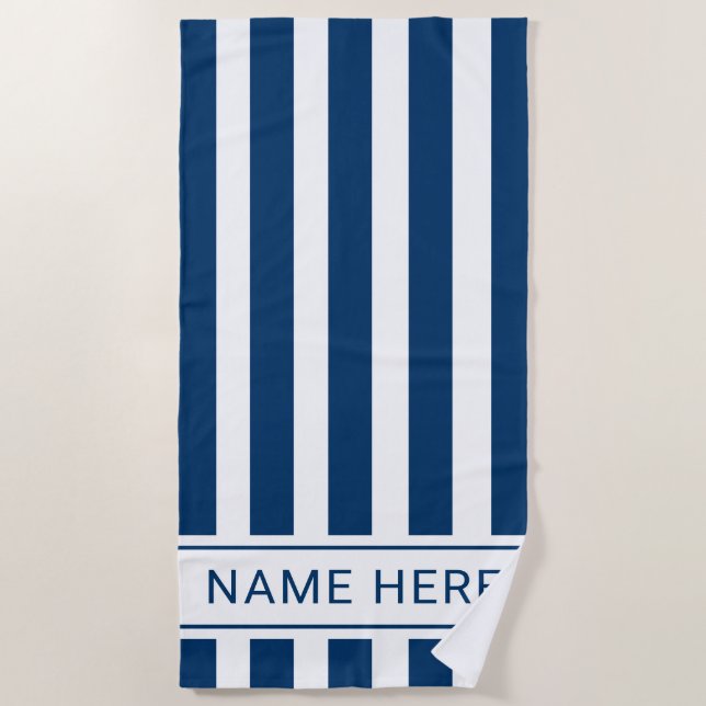 Navy Blue White Striped Beach Towel with Name (Front)