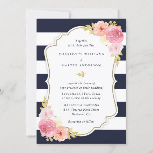 Navy Blue White Striped Blush Pink Floral Wedding Invitation