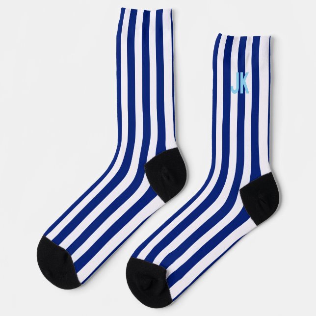 Navy Blue White Striped Monogram Custom Initials  Socks (Left)