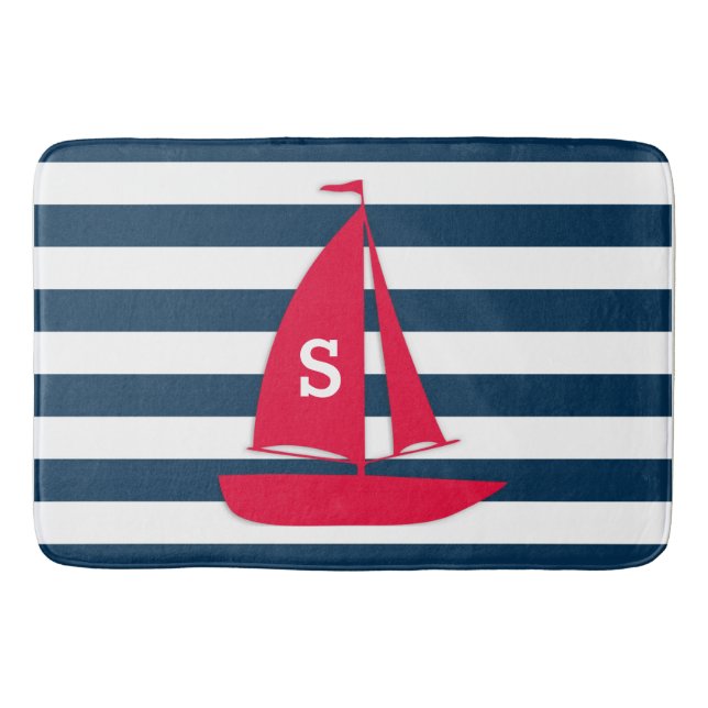 Navy Blue White Striped Monogram Red Boat Nautical Bath Mat (Front)