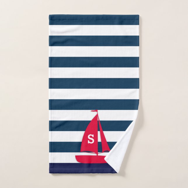 Navy Blue White Striped Monogram Red Boat Nautical Hand Towel (Hand Towel)