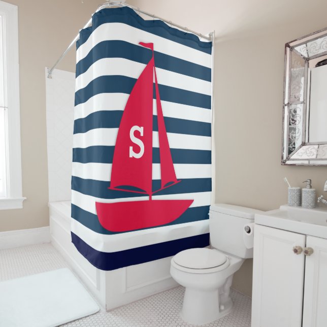 Navy Blue White Striped Monogram Red Boat Nautical Shower Curtain (In Situ)