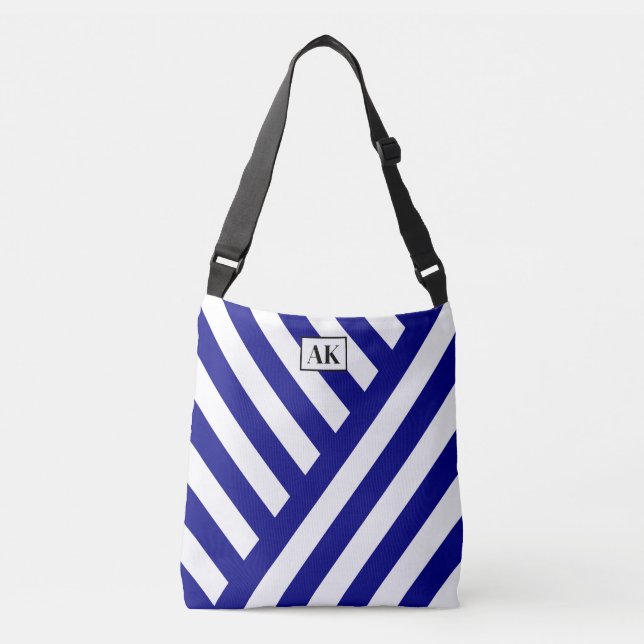 Navy Blue & White Striped Monogram Tote Bag (Front)