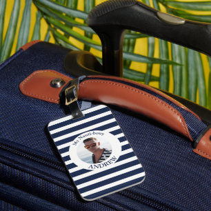 Navy Blue White Striped Nautical Photo  Luggage Tag
