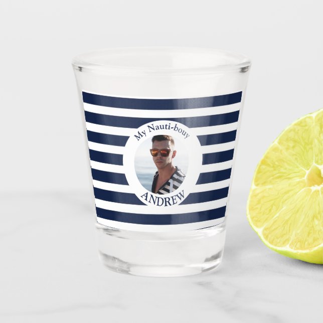 Navy Blue White Striped Nautical Photo Shot Glass (Front)