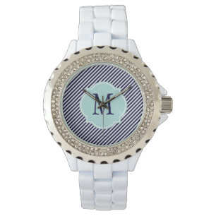 Navy Blue & White Striped Pattern Watch