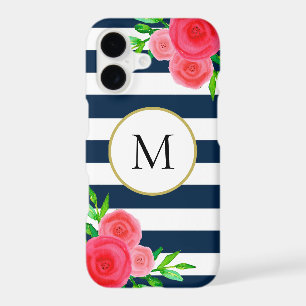 Navy Blue White Striped Watercolor Floral Monogram