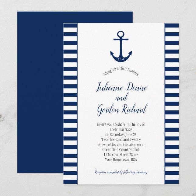 Navy Blue White Stripes Anchor Nautical Weddings Invitation (Front/Back)