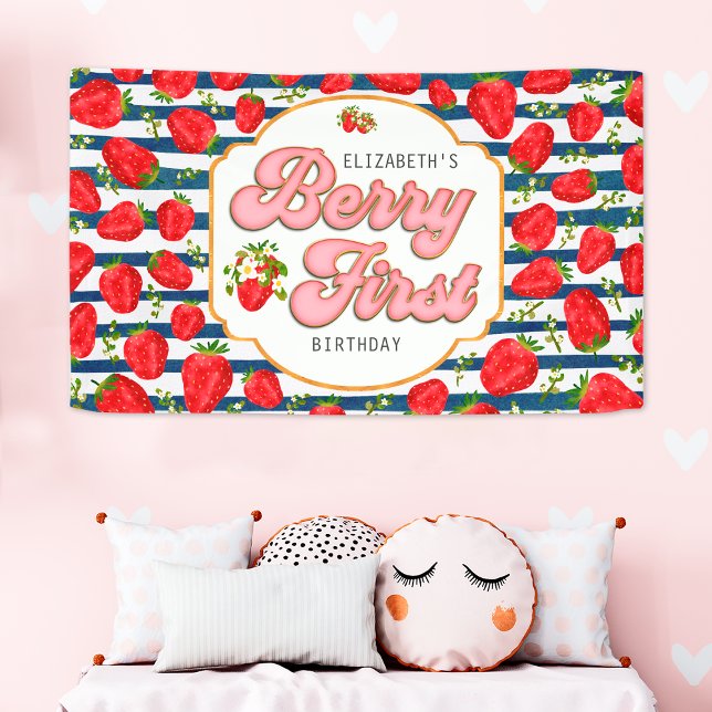 Navy Blue White Stripes Berry First Birthday Banner (Creator Uploaded)