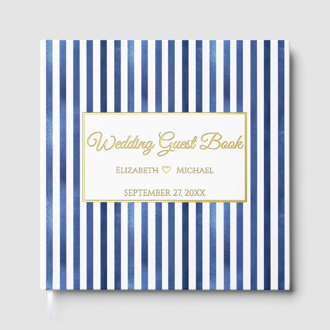 Navy Blue & White Stripes Coastal Nautical Design Guest Book (Front)
