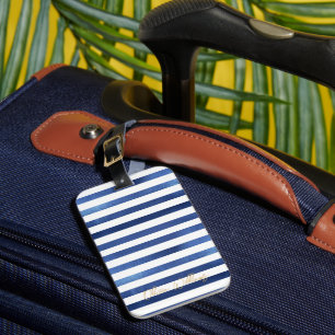 Navy Blue & White Stripes Coastal Nautical Design Luggage Tag