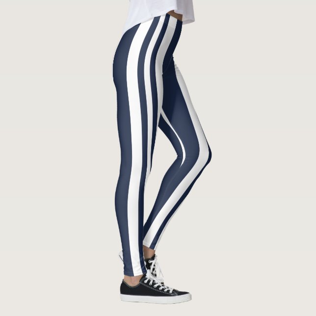 Navy Blue White Stripes Coastal Seaside Leggings (Right)