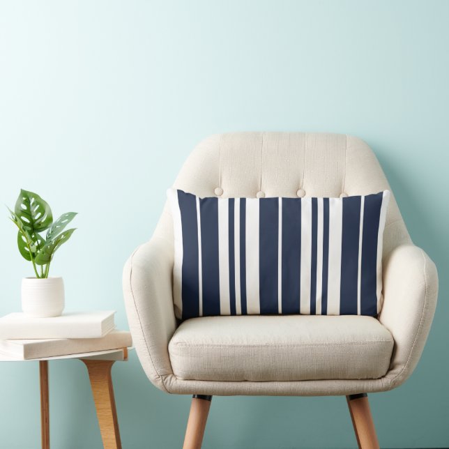 Navy Blue White Stripes Coastal Seaside Lumbar Cushion (Chair)