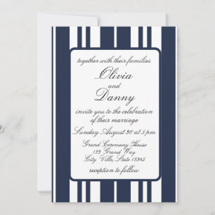 Navy Blue White Stripes Coastal Seaside Wedding Invitation