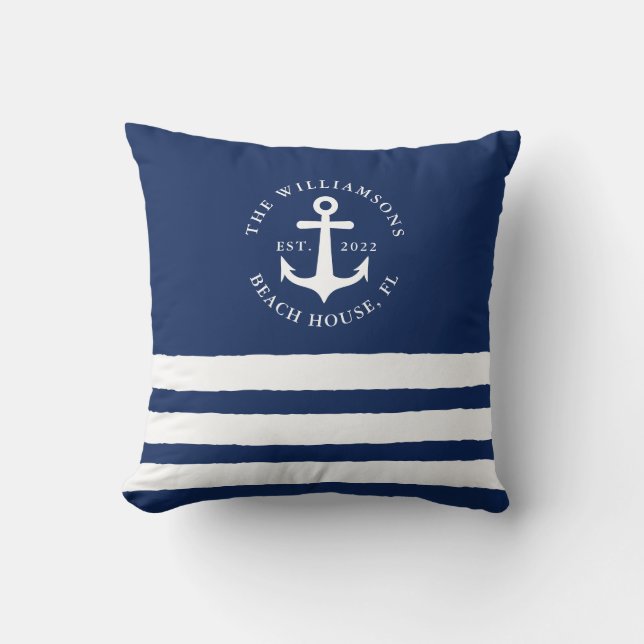 Navy Blue White Stripes Family Monogram Nautical Cushion (Front)