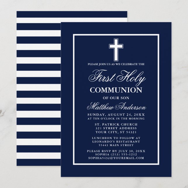 Navy Blue White Stripes First Holy Communion Invitation (Front/Back)