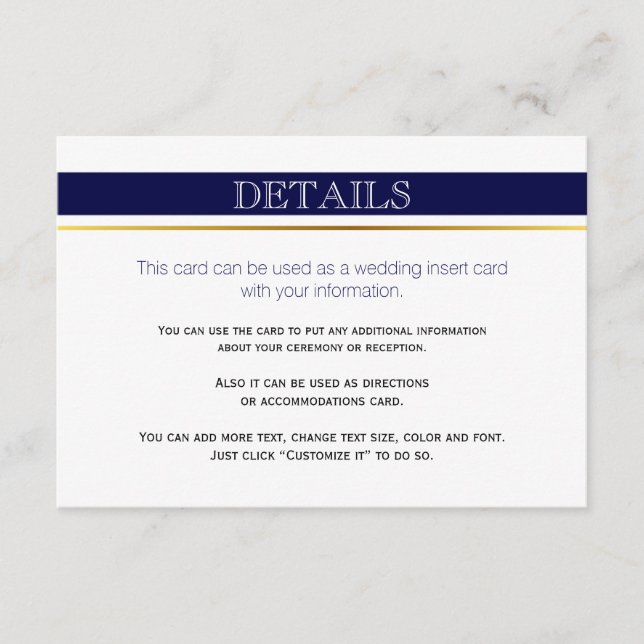 Navy blue & white stripes gold wedding insert card (Front)