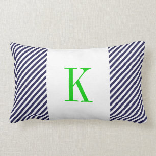 Navy Blue White Stripes Green Monogram Lumbar Cushion