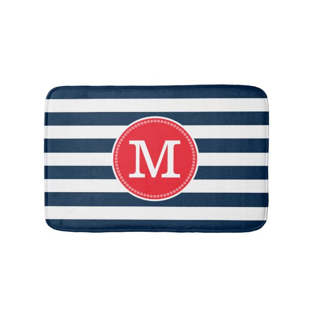 Navy Blue White Stripes Minimal Bold Red Monogram Bath Mat (Front)