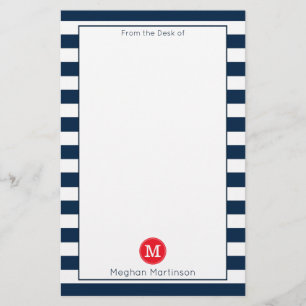 Navy Blue White Stripes Minimal Chic Red Monogram Stationery
