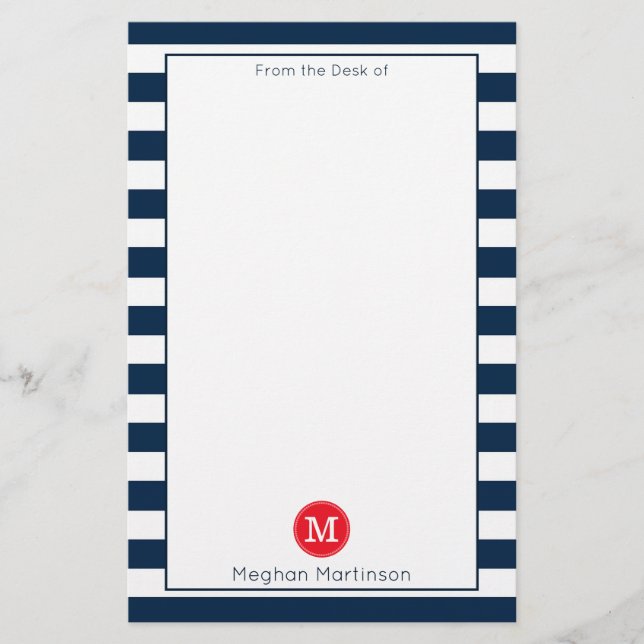 Navy Blue White Stripes Minimal Chic Red Monogram Stationery (Front)