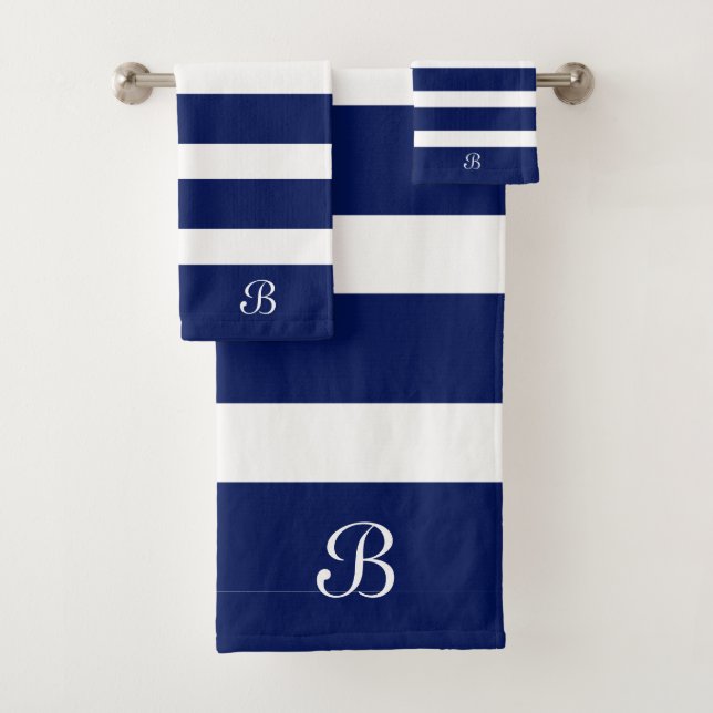 Navy-Blue & White Stripes Monogram Bath Towel Set (Insitu)