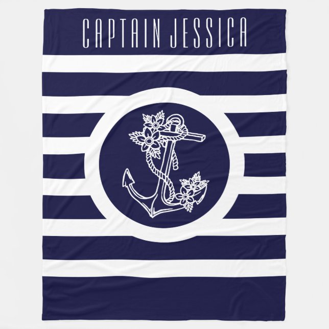 Navy Blue & White Stripes Nautical Floral Anchor Fleece Blanket (Front)