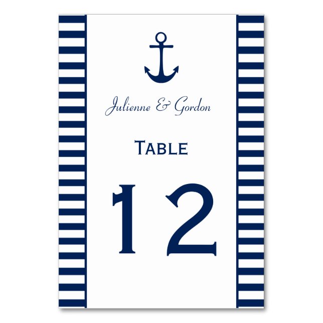 Navy Blue White Stripes Nautical Table Cards (Front)